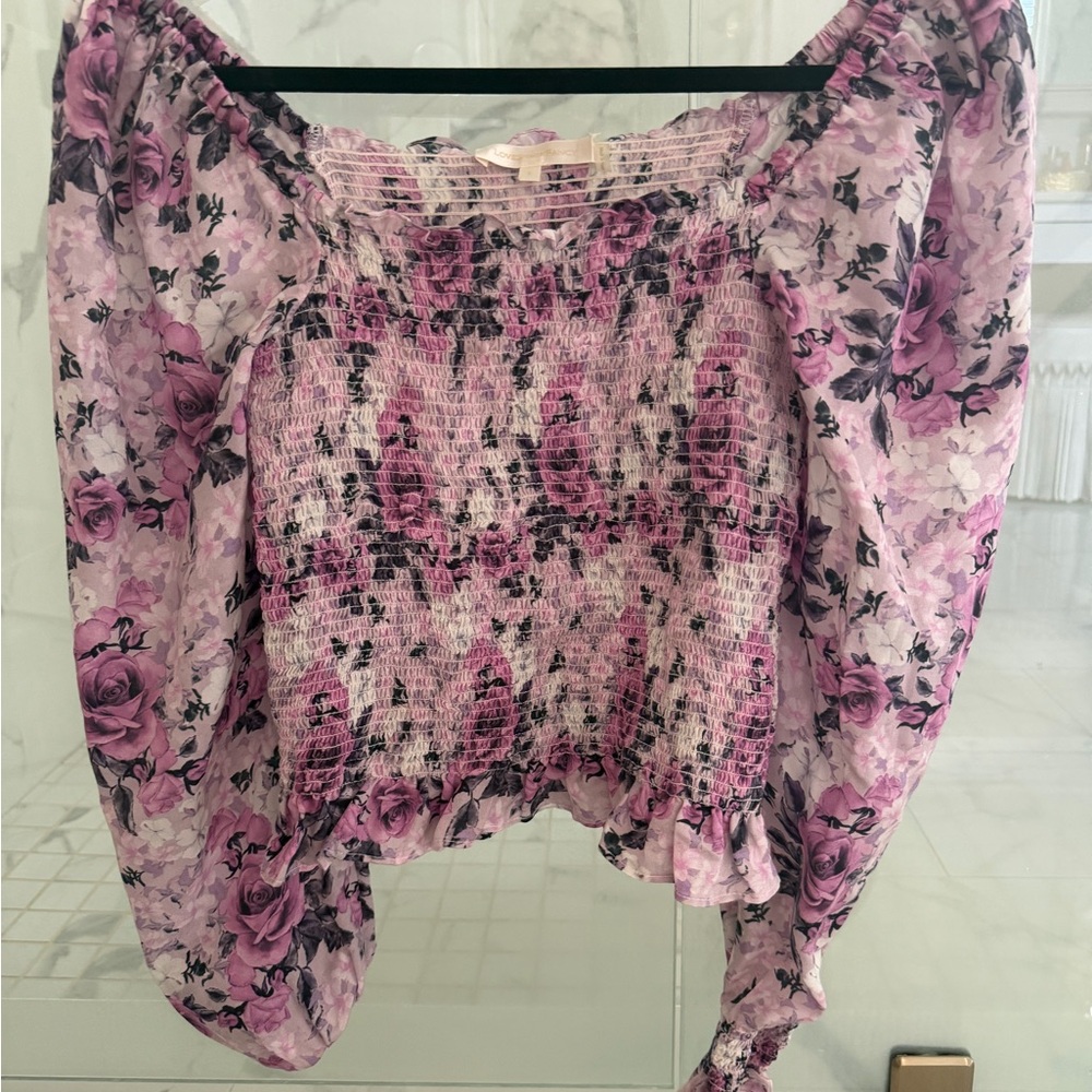 LoveShackFancy Lavender Pink Floral Smocked Off-Shoulder Blouse